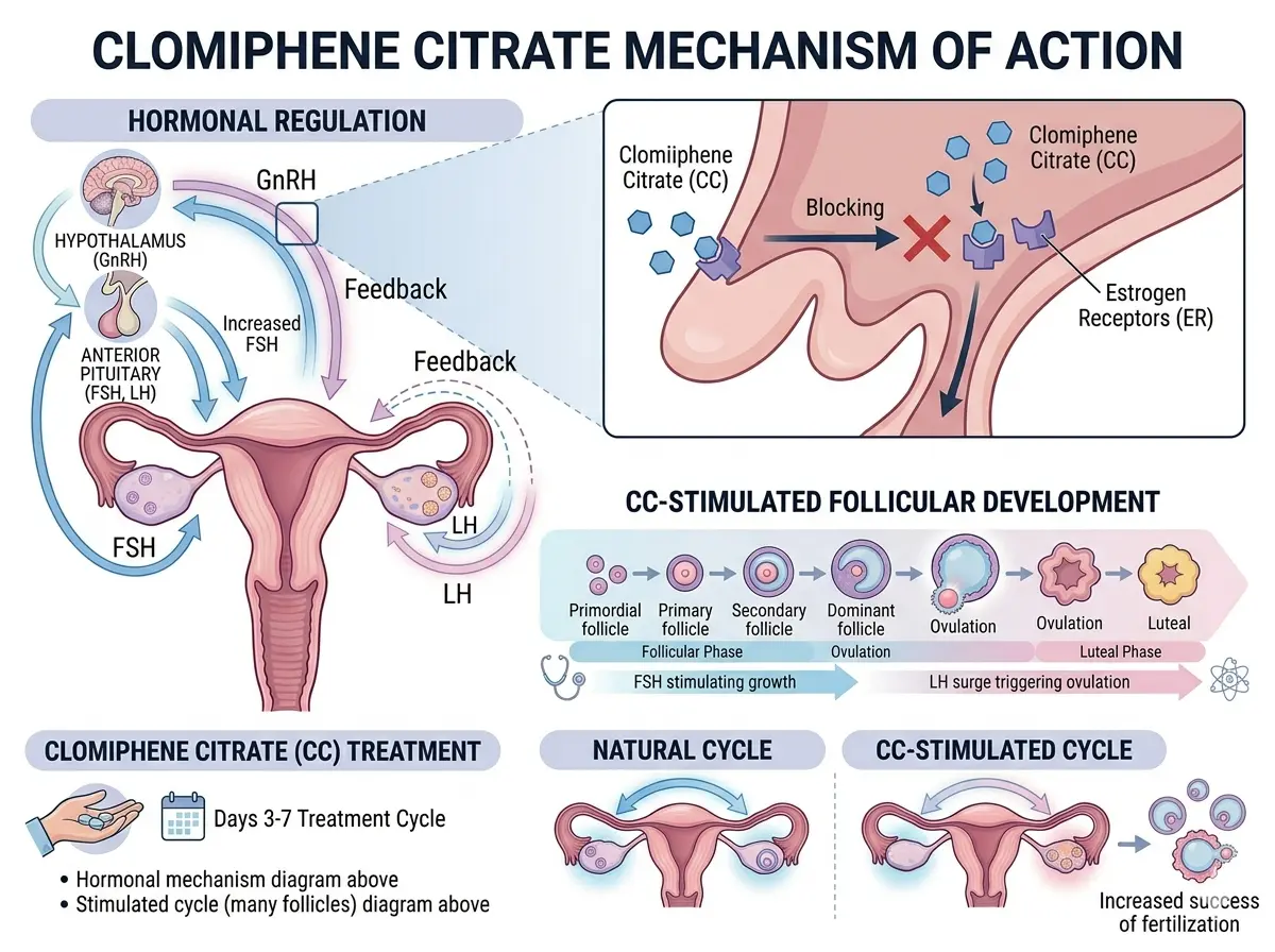 Clomiphene citrate mechanism showing estrogen receptor blockade and increased GnRH FSH LH secretion