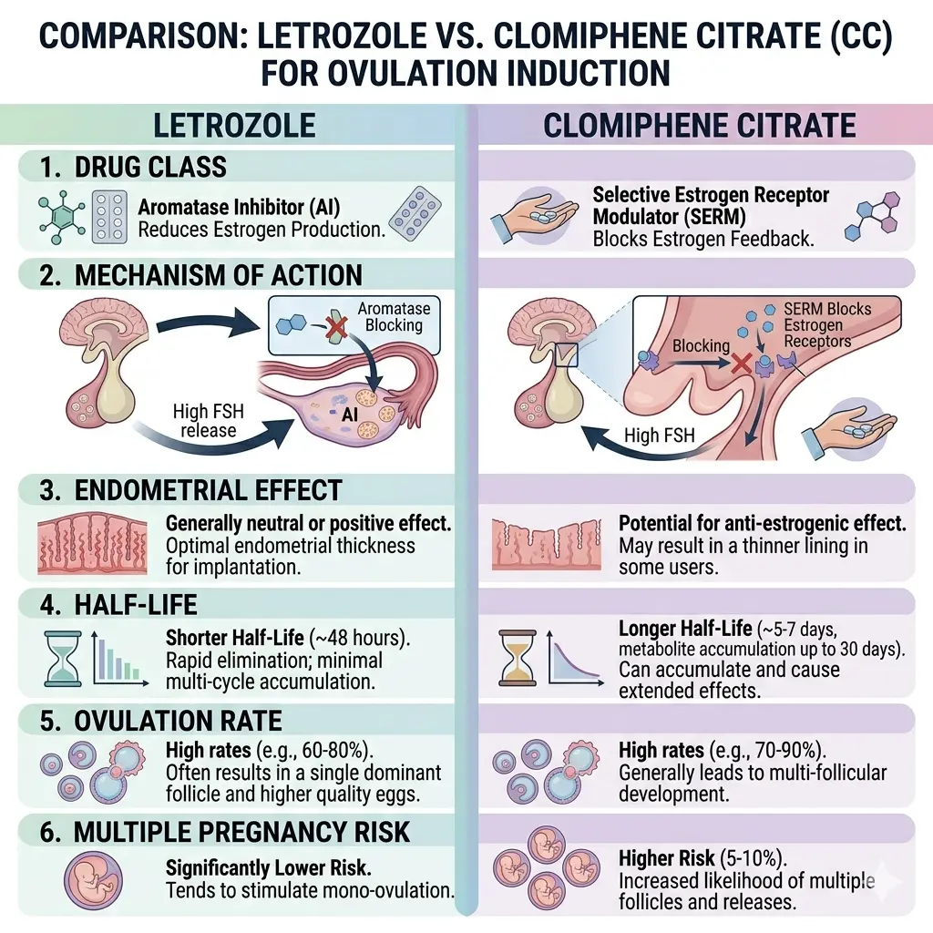 Comparison infographic of letrozole vs clomiphene showing mechanism, effects, and clinical differences