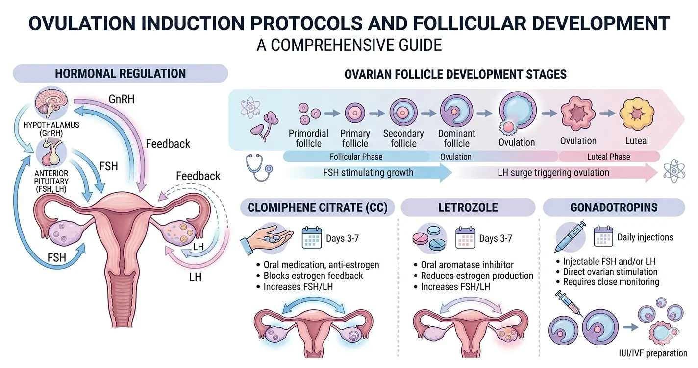Infographic showing ovulation induction protocols including clomiphene, letrozole, and gonadotropins acting on ovarian follicles