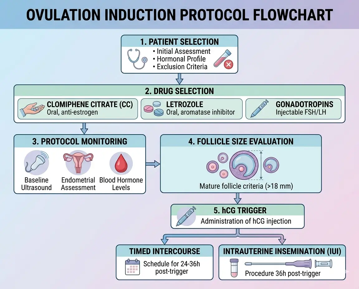 Design a clean flowchart showing ovulation induction steps including patient selection, drug choice, monitoring, follicle size assessment, hCG trigger, and timed intercourse or IUI. Use arrows and minimal text in a clinical style.