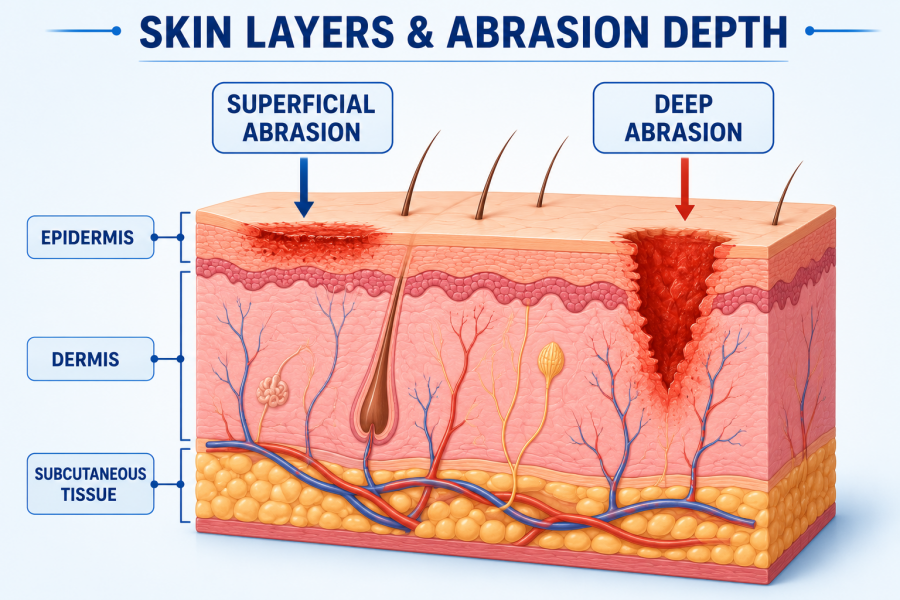 Cross-sectional skin anatomy diagram showing epidermis, dermis and superficial versus deep abrasion injuries.