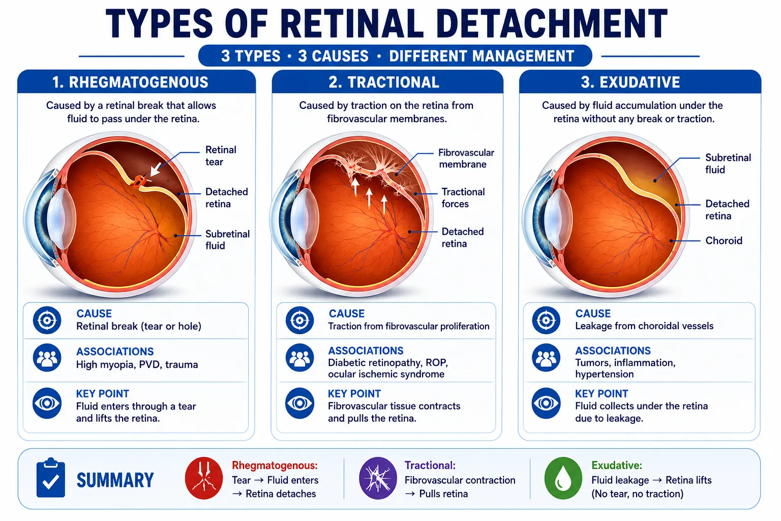 Comparison infographic of the three types of retinal detachment: Rhegmatogenous, Tractional and Exudative, showing eye cross-sections, causes and retinal changes.