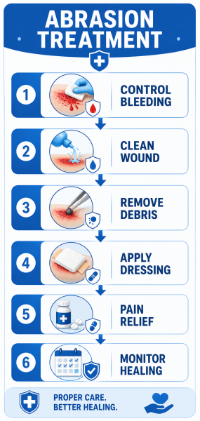 Abrasion treatment flowchart showing bleeding control, wound cleaning, dressing application, pain relief and healing monitoring.