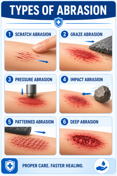 Medical infographic showing different types of abrasions including scratch, graze, pressure, impact, patterned and deep abrasions.