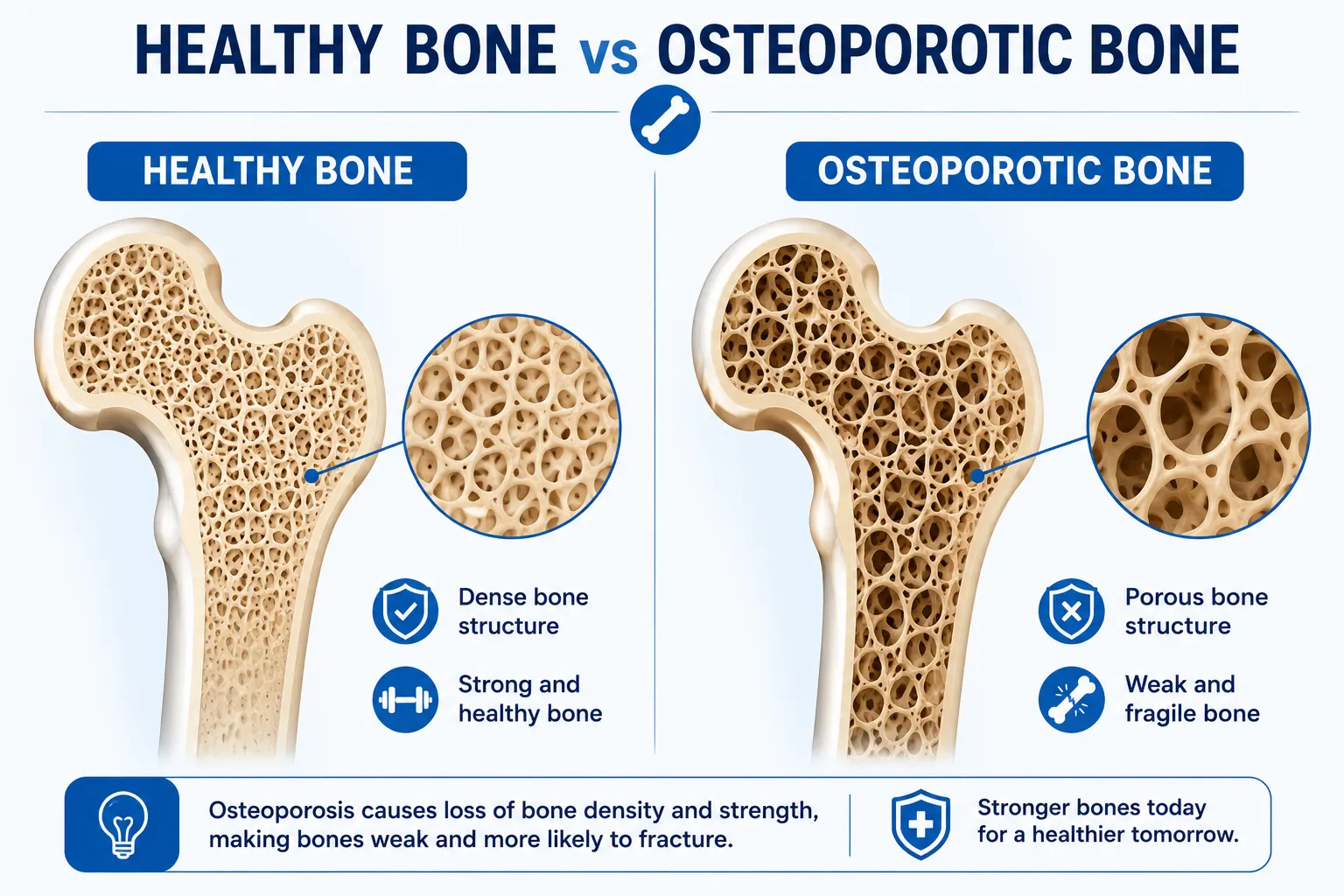 Healthy bone vs osteoporotic bone comparison showing reduced bone density and porous bone structure in osteoporosis.